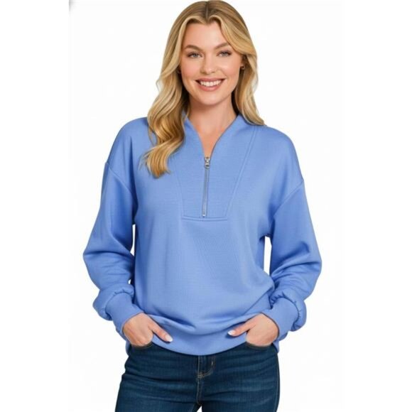 Zenana Outfitters Tops - Zenana Scuba Half Zip Drop Shoulder‎ Sweatshirt